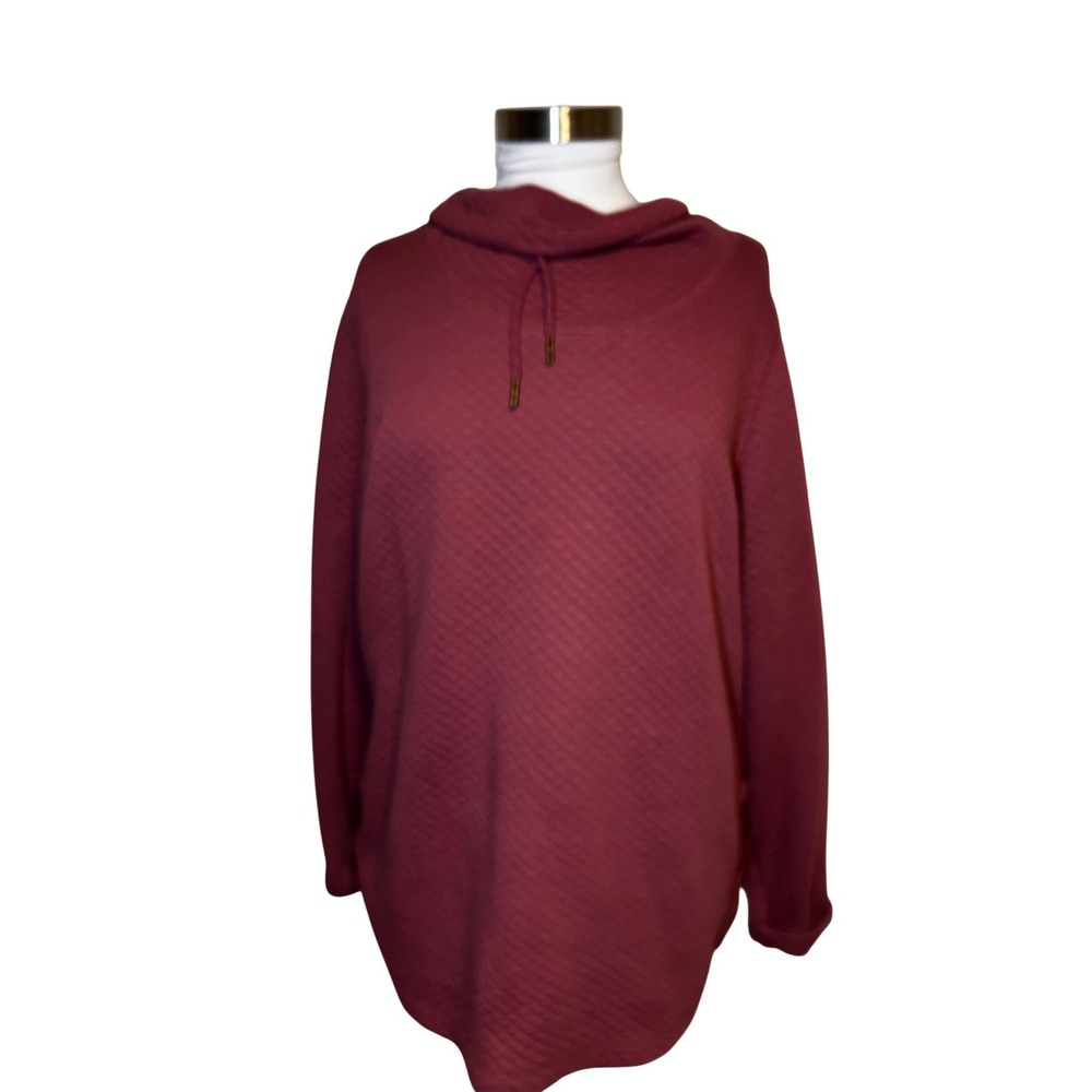 LL Bean Womens Quilted Funnel Neck Pullover Burgundy Snap Cuff 513185 Large